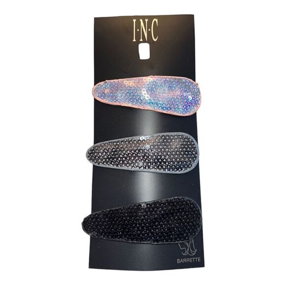 INC International Concepts 3 Piece Silver-Tone Sequin Hair Barrette Set New - Picture 2 of 3